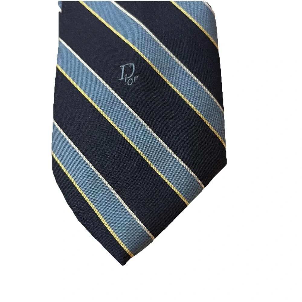Christian Dior Men's Navy/Blue/Yellow Striped  Tie w/ Embroidered Logo, Silk